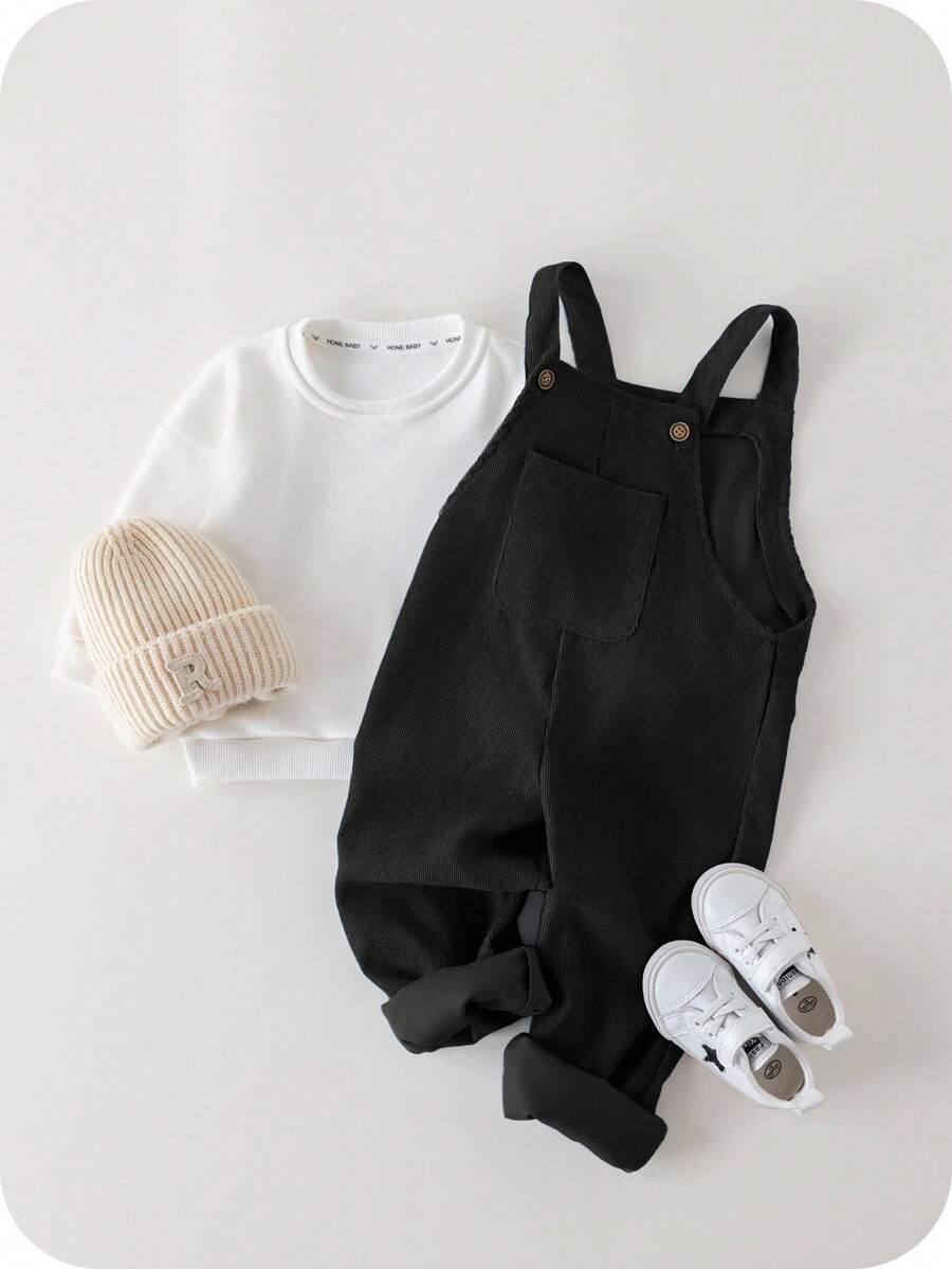 SHEIN Young Boy Solid Pocket Patched Overall Jumpsuit Without Hoodie - Black - View 1