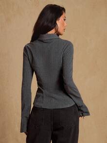 Glamine Chemise décontractée élégante en gris foncé tissé, sans stretch, col à revers, fermeture par boutons devant, poignets évasés, blouse à manches longues pour femmes, printemps/automne - Gris foncé - Voir 2