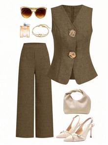 Ellevyn 女式无袖金属玫瑰纽扣衬衫，法式风格，休闲办公装，高端夏季衬衫 - 棕色 - 查看 7