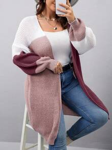 Vionelle Plus Size Colorblock Patchwork Mid-Length Casual Cardigan, Autumn/Winter Plus Size Cardigan Plus Size Sweaters Fall Clothes For Women Color Block Cardigan Knit Cardigan - Red - View 4