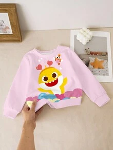 BABY SHARK X SHEIN 女婴休闲日常通勤可爱卡通鲨鱼印花套头衫，秋季/春季 - 白色 - 查看 7