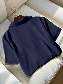 Franclia 大码女式纯色翻领短袖纽扣休闲宽松通勤优雅衬衫 - 寶藍色 - 查看 2