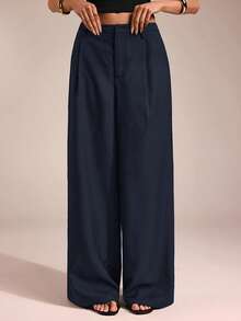 SHEIN Forever 21 女士裤子商务休闲女士西装女士阔腿裤办公室女士服装宽松裤职业女性服装办公室服装灰色 - 藏蓝色 - 查看 7