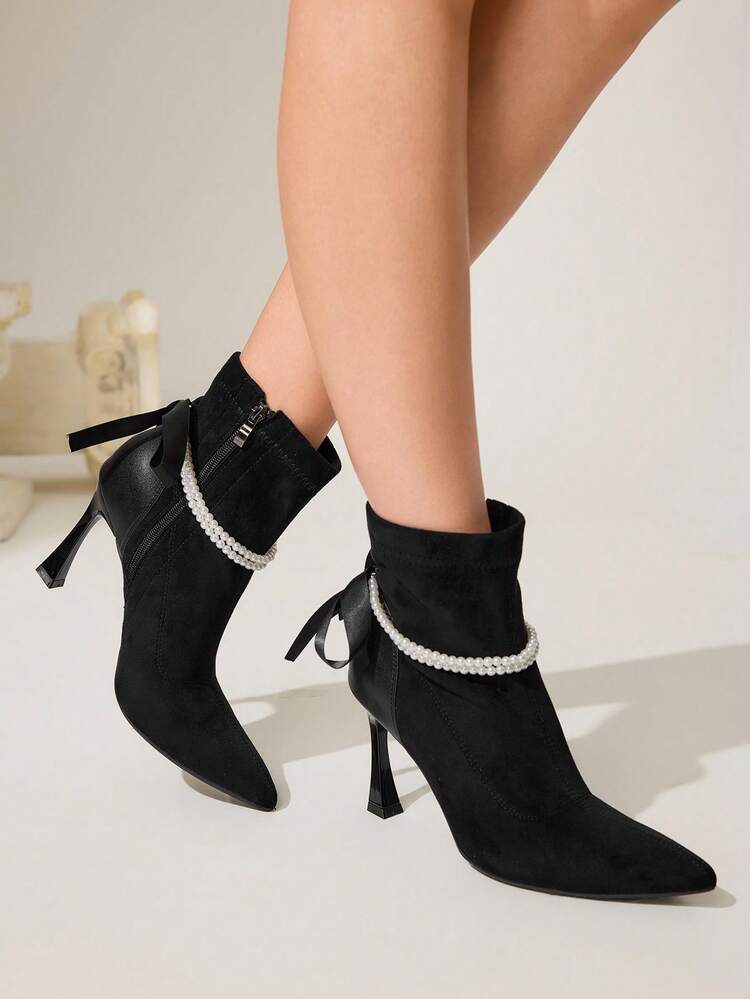 CUCCOO CHICEST French Faux Pearl Chain Pointed Toe Stiletto Heel Women Ankle Boots For Christmas