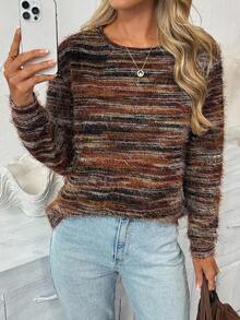 SHEIN LUNE Women's Casual Faux Fur Crew Neck Long Sleeve T-Shirt Women's Country Going Out Fall For Women Autumn Winter Fall Top Halloween Costumes Chic Long Sleeve Party Top,Casual - Multicolor - View 3