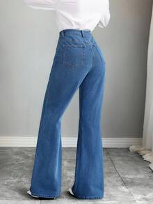 Elenzga 女式高腰口袋喇叭休闲百搭牛仔裤 - 藍色 - 查看 2