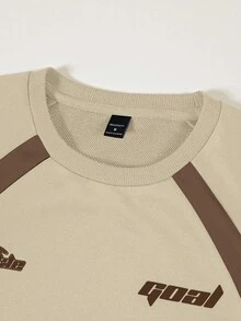 Manfinity Roghcode 男士休闲字母印花圆领插肩袖宽松套头衫，秋季 - 杏色 - 查看 5