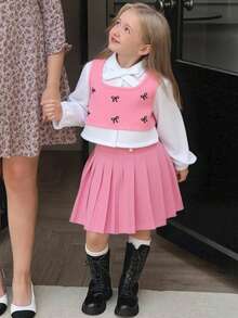 Elladie kids 三件套时尚可爱女童套装：蝴蝶结刺绣背心+系带长袖衬衫+百褶裙，学院风，秋冬款 - 粉色 - 查看 1