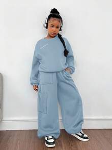 SHEIN Tween Girls Loose Casual Versatile Reflective Print Pullover Hoodie And Drawstring Hem Sweatpants Set Blue Two Piece Set Girl Co Ord Sets Casual Two Piece Set Fall Winter - Baby Blue - View 5