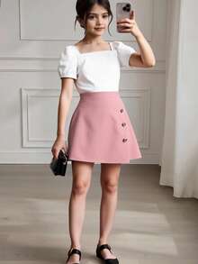 青少女純色泡泡袖上衣和裙子套裝 - 粉色 - 查看 4