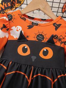 SHEIN 小女孩可爱卡通图案长袖连衣裙，适合万圣节派对 - 橘色 - 查看 6