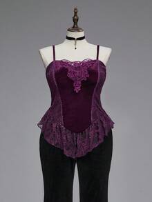 ROMWE EDITION Kamisol Beludru & Renda Kontras Seksi Gaya Y2K Ukuran Plus, Gaya Halloween Gelap - Purple - View 1