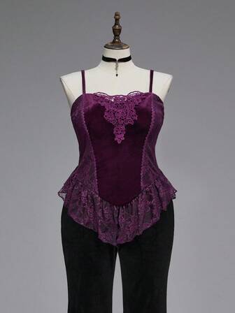 EDITION Camiseta de tirantes de terciopelo y encaje en contraste, estilo oscuro de Halloween, talla grande Y2K sexy