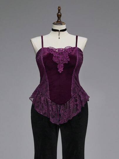 EDITION Canotta in velluto e pizzo a contrasto, stile dark Ognissanti, taglie comode