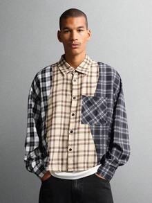 SUMWON Camisa de manga larga con ajuste ceñido, diseño de bloques de color a cuadros y a cuadros, con botones, de corte regular, de varios colores, de moda, de invierno, de uso casual, con diseño de patchwork y estampado mixto - Multicolor - Ver 6
