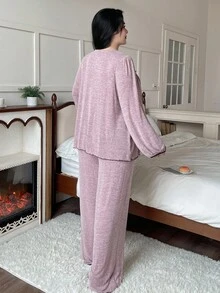Dazy Plus 2pcs Plus Size Women Elegant Loose Fit Thickened Fleece Pajama Set, Autumn/Winter, Fall Winter Clothes, Cozy - Pink - View 2