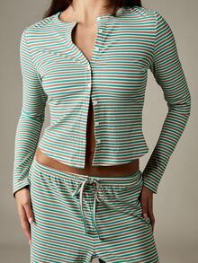 MISSGUIDED Zestaw w paski z guzikami i ściągaczem, długi rękaw, skrócony top, szerokie nogawki, strój domowy, swobodny, jesienno-zimowy, pasujący zestaw - Niebieski - Zobacz 5