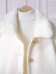 SHEIN Tween Girl Fluffy Patchwork Turndown Collar Metal Button Front Loose Long Cardigan Coat, Comfortable For Home, Outdoor, School, Party, White Autumn Winter ClothesGirlwomens 10 Girls Elegant Fleece Jacket Coat Tween Dress Coat Girls Wool Coat Girls Coat - White - View 7