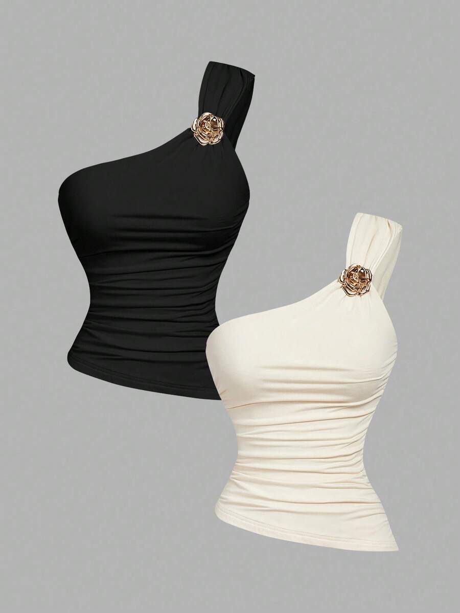 SHEIN MOD Damen Set aus einfarbigem Top mit Rüschenkante und goldenem Brosche-Dekor - Verschiedenfarbig - Übersicht 1