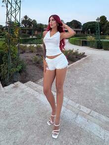 Bearsaez 女士时尚撞色蕾丝边网眼多层荷叶边蛋糕形超短裤，音乐节，春夏 - 白色 - 查看 4