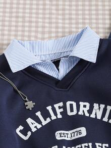 青少年女孩运动衫，休闲学院风百搭，二合一运动衫衬衫领数字和字母印花豹纹图案宽松男童服装男童运动衫男童运动衫男童毛衣儿童服装 - 藏蓝色 - 查看 4