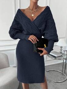 EMERY ROSE Elegant Navy Blue Winter Knit Dress,Cable Knit Batwing Sleeve Split Hem Wrap Sweater Skirt Set,Everyday Date Two Pieces Outfit Long Sleeve Co Ord Set - Navy Blue - View 4