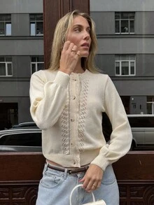 Pariaura 女士不对称镂空蕾丝拼布纯色针织开衫，复古法式圆领毛衣外套，秋冬 - 米色 - 查看 3