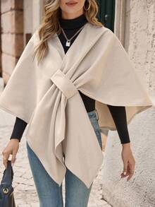 EMERY ROSE 女式纯色休闲斗篷夹克，秋冬季 - 卡其色 - 查看 5
