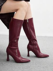 CUCCOO BIZCHIC 勃艮第尖头高跟过膝靴，弹力修身女式休闲/工作秋冬高筒靴 - 酒紅色 - 查看 7