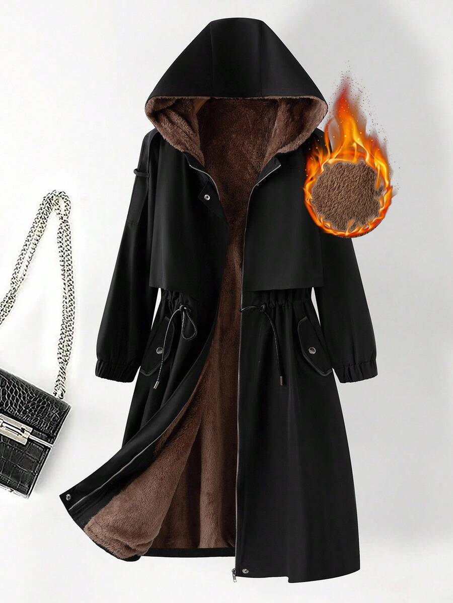 SHEIN Clasi 女士秋冬季保暖带衬里抽绳连帽外套 - 黑色 - 查看 1