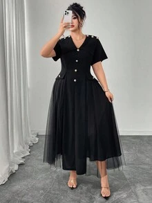 Modelyn 夏季大码优雅纯色网眼拼布连衣裙