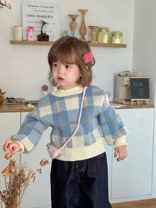 DAZY 女宝宝格子针织毛衣韩版甜美清新长袖秋冬 - 藍色 - 查看 9