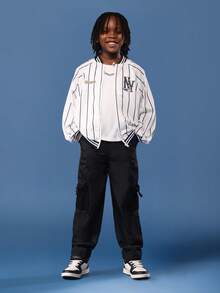 SUMWON NY Baseball Inspired Varsity Mesh Bomber Jacket Striped Pattern Retro Design Kids Youth Fashion Outerwear Streetwear Casual Collection Back To School Comfortable Boys Jacket Fall Winter - Black and White - View 3