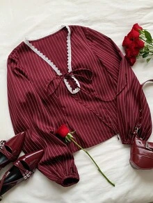 Comfortcana Women's Deep V-Neck Lace Collar Red Striped Women's Casual Shirt Going Out Tops For Women - Burgundy - View 5