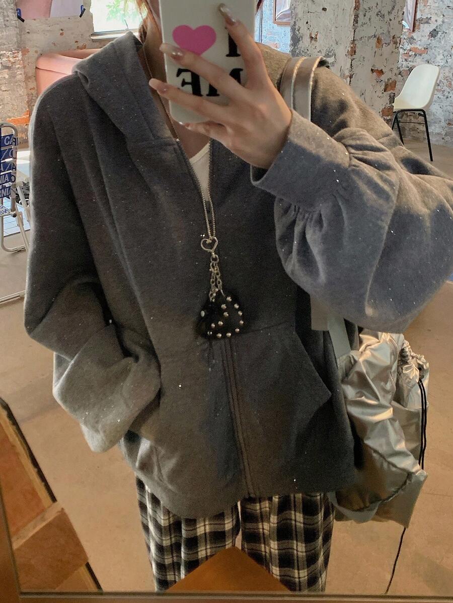 DAZY Women's Hooded Sweatshirt, Shiny Fabric, Long Sleeve, Loose Fit, Casual, Thermal Lined Hoodie Sweatshirt Fall/Winter