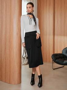 SHEIN Unity Women's Casual Versatile Simple Crisp Double Pocket A-Line Skirt Fall Cloth For Women - Black - View 3