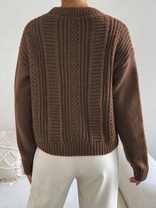 EMERY ROSE Suéter holgado de mujer de manga larga con patrón de cable, casual, para otoño/invierno - Caqui - Ver 2