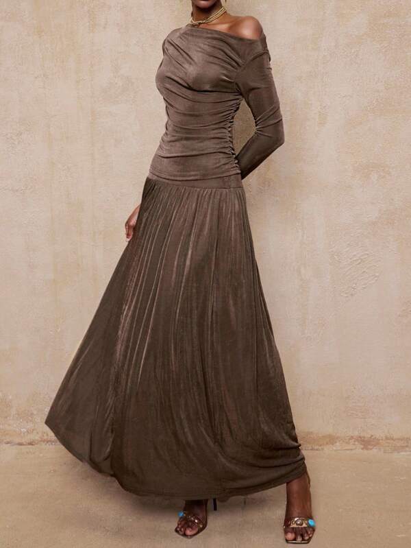 Lumalex Elegancka damska koszulka z marszczeniami na ramionach i długim rękawem, dopasowana + Elegancka damska plisowana spódnica z wysokim stanem i rozkloszowanym dołem, wiosna/jesień