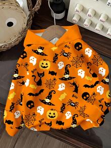 SHEIN Sweat-shirt à capuche à manches longues pour jeunes filles, style décontracté et minimaliste, élégant, chapeau de sorcière étoilé, joli chat noir, araignée, elfe, tête de citrouille, imprimé graphique, coupe ample, confortable, à porter au quotidien, idéal pour l'automne et l'hiver, déguisement d'Halloween, déguisement de diable, vêtements d'Halloween pour tout-petits, t-shirt d'Halloween pour garçons, nuits d'horreur d'Halloween, vêtements d'Halloween, pyjama d'Halloween