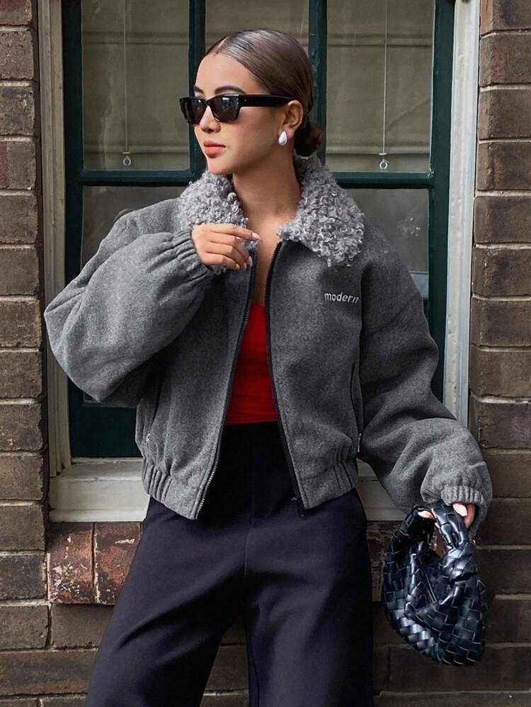 Women's Letter Print Sherpa Collar Drop Shoulder Long Sleeve Casual Winter Jacket Women Coats