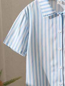 青少年女孩休闲条纹衬衫和裤子 T 恤套装，适合度假、郊游、学校、风格 - 彩色 - 查看 6