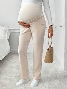 SHEIN Maternity Casual Peach Solid Color Adjustable Waist Pocket Pants,Autumn Comfy Clothing Pregnancy Pants,Winter Chic Clothes Going Home From Hospital - Apricot - View 4
