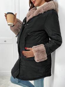 SHEIN Maternity Casual Thermal Lined Hooded Jacket, Versatile For Winter Women Hooded Winter Coat Women Parka Coat Winter Coat Faux Fur Lined Coat Women Long Winter Coat Winter Clothes Chic