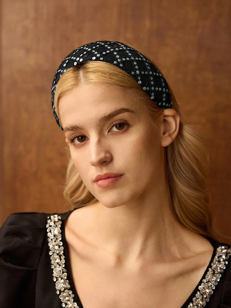 BLACK MESH SEQUIN WIDE HEADBAND
