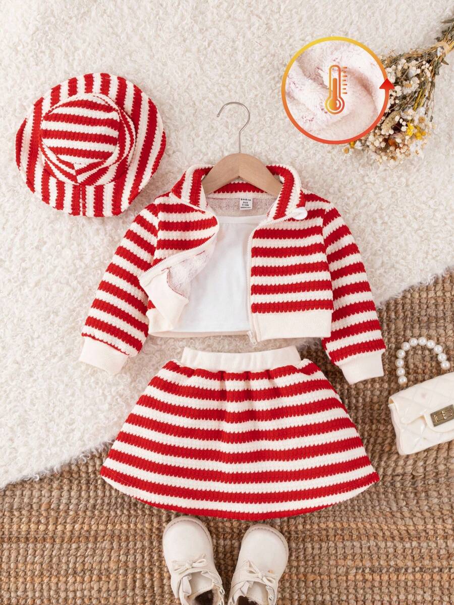 SHEIN 4 Stücke Baby Mädchen Herbst/Winter modische, elegante rote/apricotfarbene gestreifte Jacke mit Langarm, passender Rock, weißes Trägerhemd, Hut, geeignet für Schule, Reisen, Fotografie im Herbst - Rot - Übersicht 1