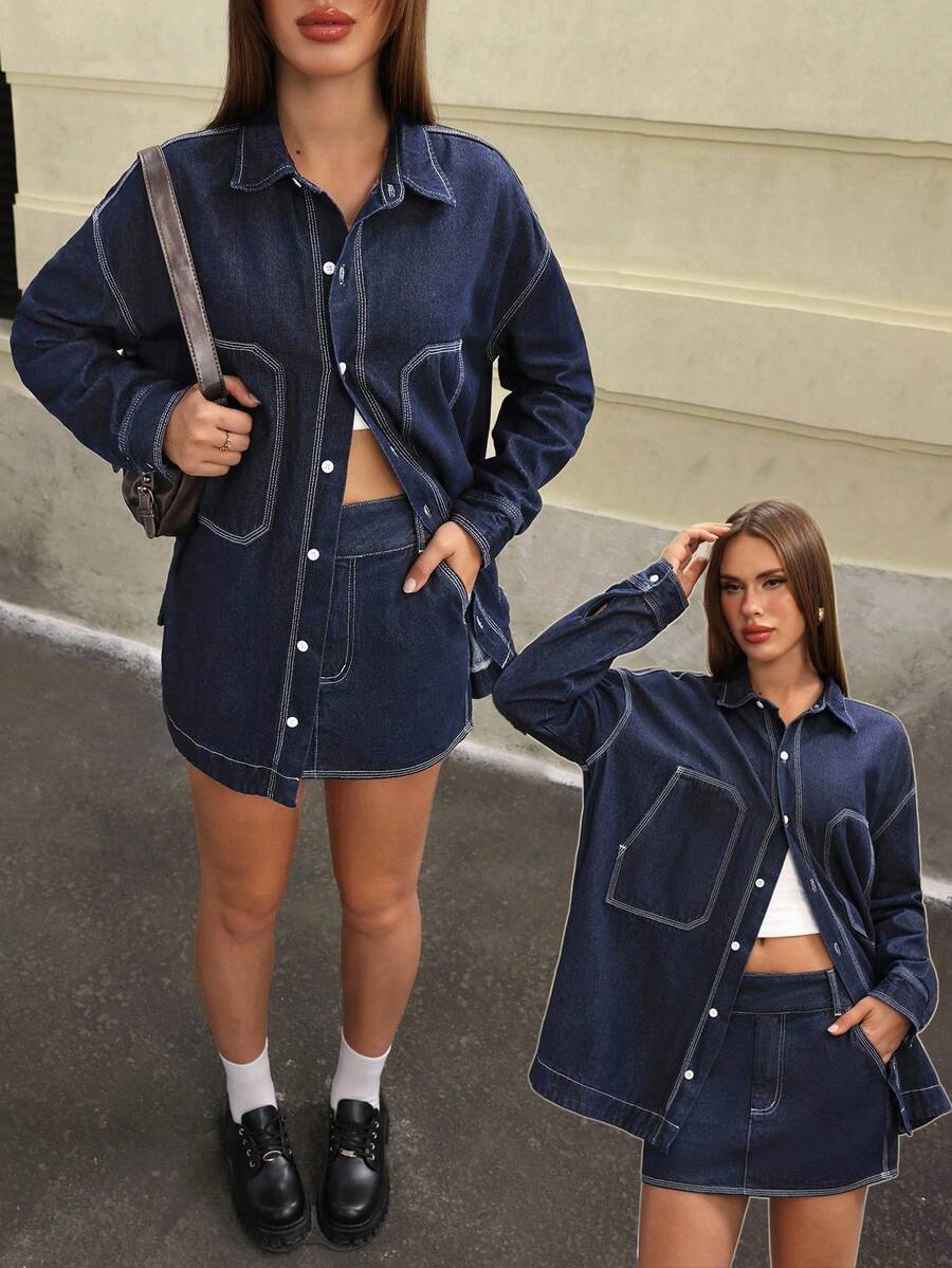 Jeanoix 女士 Y2K 牛仔半身裙 - 深色水洗藍 - 查看 1