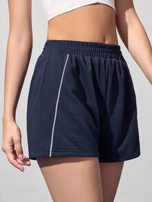 CourtClass Women's Casual Sweatshirt Fabric Patchwork Contrast Color Ribbed Waist Sporty Shorts With Pocket,Suitable For Tennis,Sports&Daily Wear Tennis Skirt - Navy Blue - View 4