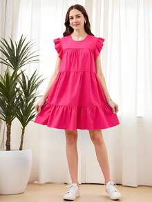 SHEIN Teen Girl Casual Solid Color Cap Sleeve Mini Dress