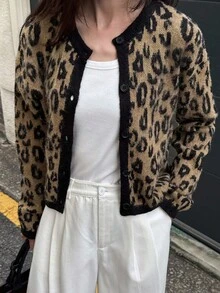 DAZY Cárdigan casual de manga larga con estampado de leopardo, de un solo botonadura, suelto, para otoño