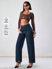 EURMUSE Hochbund Slim Straight Saum Detaillierte Jeans - Dunkle Waschung - Übersicht 1